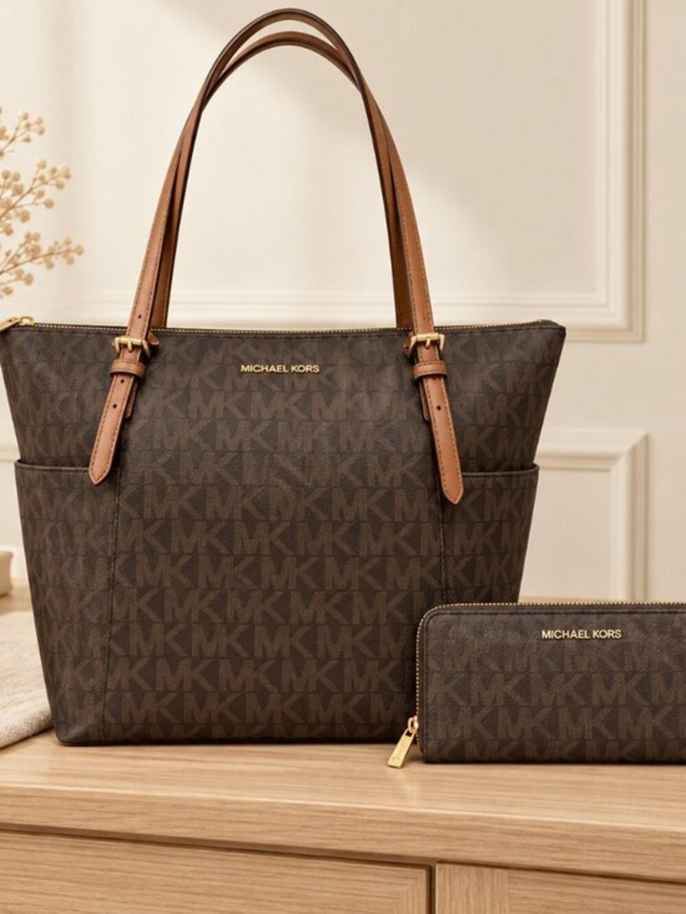 Michael Kors Brown MK Monogram Tote & Zip Wallet Set Gold Hardware NWT